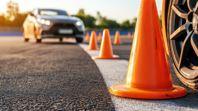Racing practice session at a track featuring orange cones and a car navigating through an obstacle course in the late afternoon