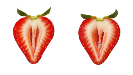 Png of Two vibrant, freshly cut strawberries showcasing their juicy red interior and green leaves, perfect for summer dishes on transparent background.