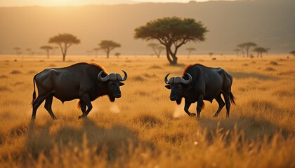 Two African Buffalo Stroll Through Golden Grassland at Sunrise - Wildlife, Nature, and Tranquility in the Savannah