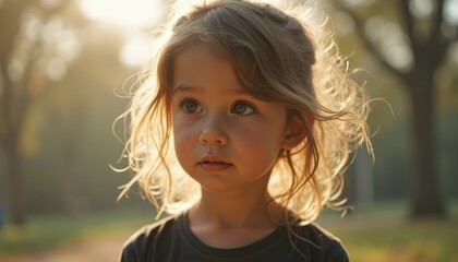 Thoughtful Young Girl Gazing into the Distance with Sunlit Hair in a Park Setting