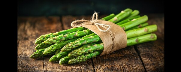 Fresh asparagus bundle on rustic wooden surface for healthy cuisine