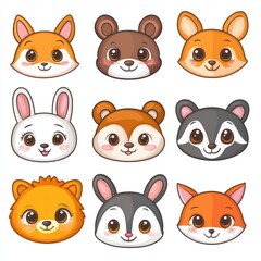 Fototapeta premium Adorable Animal Heads: A collection of cartoon animal faces with endearing expressions, perfect for playful designs. 