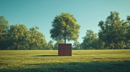 Empty podium made of grass standing on a wide grassy field, blue sky and trees in the background