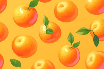 Seamless pattern of vibrant oranges with leaves on yellow background for digital design