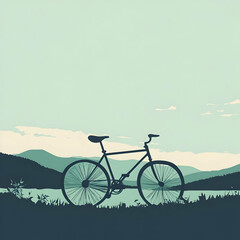 Obraz premium A silhouette of a bicycle against a serene landscape with mountains and a lake.