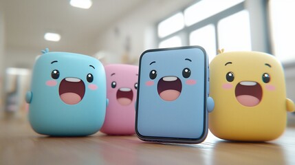 Cute cartoon characters with phone, office background