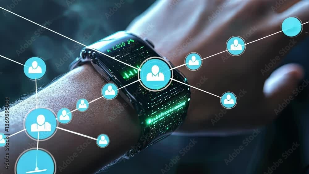 Poster close up of a futuristic smartwatch on a wrist, showcasing scrolling green encrypted data on the scr