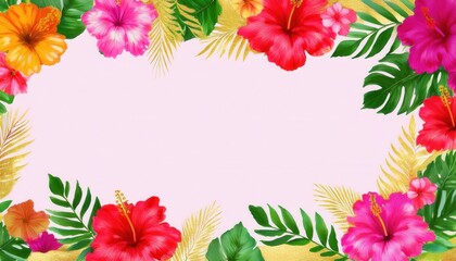 tropical floral frame with pink, red, and orange hibiscus, monstera leaves, and golden accents on pastel pink background

