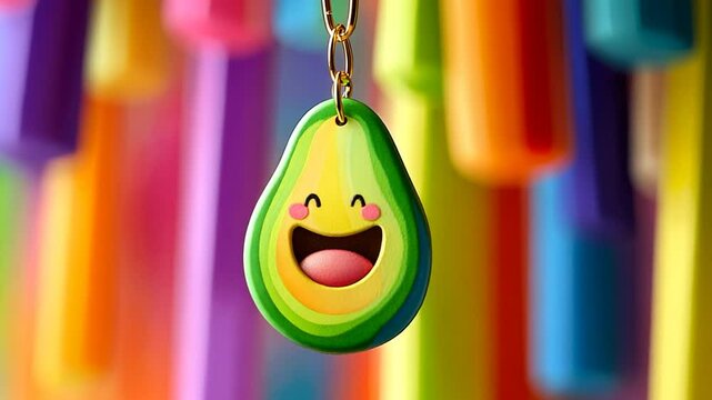 Adorable avocado character keychain against vibrant, colorful background, a happy and quirky vibe
