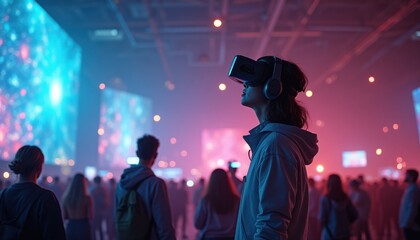 Fototapeta premium Engrossed Woman Immersed in Virtual Reality Experience at Cutting-Edge Tech Exposition with Holographic Displays