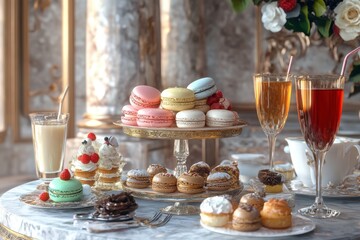 Naklejka premium Afternoon Tea Delight: A lavish spread of delectable pastries, colorful macaroons, and sparkling beverages graces a marble table, evoking an air of luxury and indulgence.