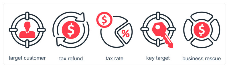 A set of 5 business icons as target customer, tax refund, tax rate