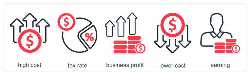 A set of 5 business icons as high cost, tax rate, business profit