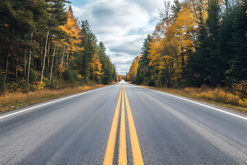 Fototapeta premium A tranquil road lined with autumn trees, inviting exploration and travel.