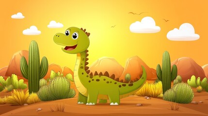 Happy cartoon dinosaur in a desert landscape at sunset.