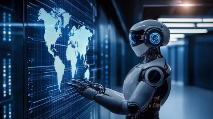 A high-tech robot visualizes and navigates a virtual map.