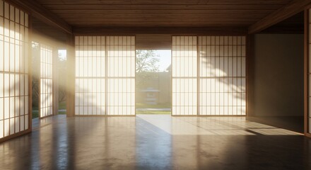 Obraz premium Serene minimalist room bathed in warm morning light shows peaceful Japanese design aesthetic.. AI Generated