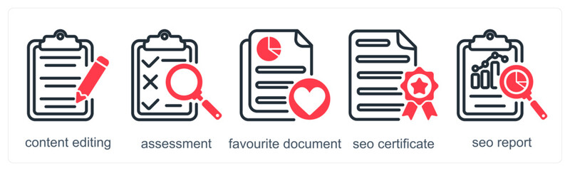 A set of 5 business icons as content editing, assessment, favorite document