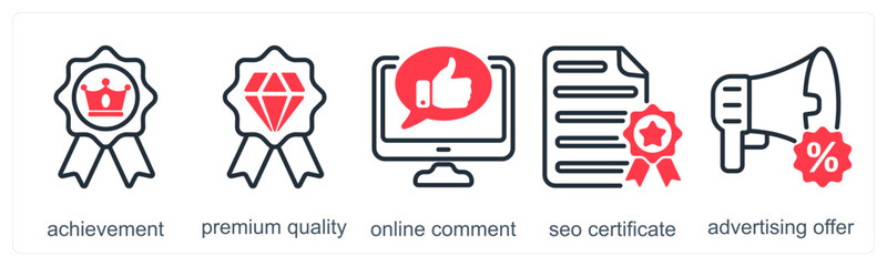 A set of 5 business icons as achievement, premium quality, online comment