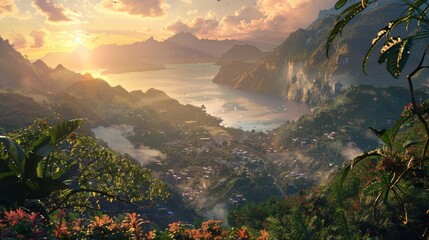 Serene Lakeside Landscape: A breathtaking vista of a tranquil lakeside scene unfolds, the setting sun casting a warm glow over the lush greenery and distant mountains. 