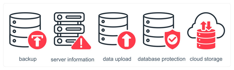 A set of 5 business icons as backup, server information, data upload