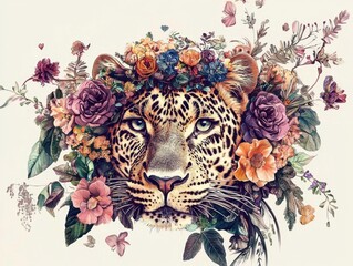 A unique portrait of a leopard crowned with a stunning floral arrangement.