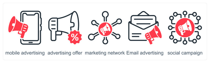 A set of 5 business icons as mobile advertising, advertising offer, marketing network