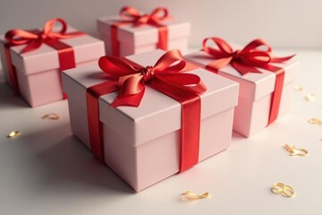 Fototapeta premium Elegant red ribbon tied gift boxes, gold accents, ornate, tileable, stock