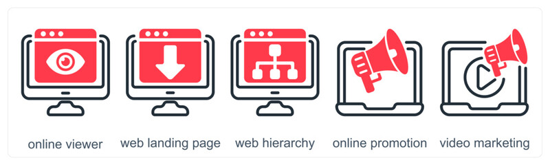A set of 5 business icons as online viewer, web landing page, web hierarchy