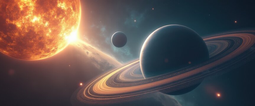 Hypothetical triple star system with a ringed planet, a smaller satellite, and an orange dwarf star in outer space - Powered by Adobe