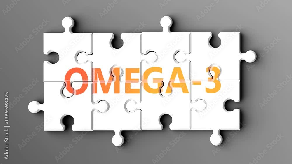 Poster omega-3 being a complex topic - puzzle pieces with word omega-3 coming together to make a whole. ome
