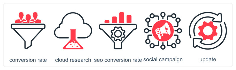 A set of 5 business icons as conversion rate, cloud research, seo conversion rate