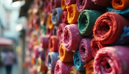 Fototapeta premium Vibrant Rolls of Woven Fabric Displayed in a Colorful Array - Close-Up Textile Art