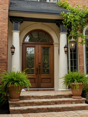 A welcoming entrance featuring a double door, columns, and potted plants.
