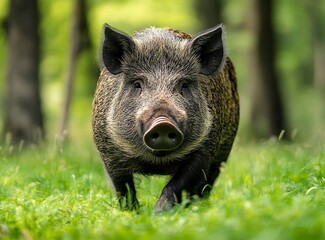 Wild boar in the forest, blurred motion. Portrait of a large wild pig on a green grass meadow near the woods. Affordable stock photography. Stock photo, real photograph, high resolution, high quality,