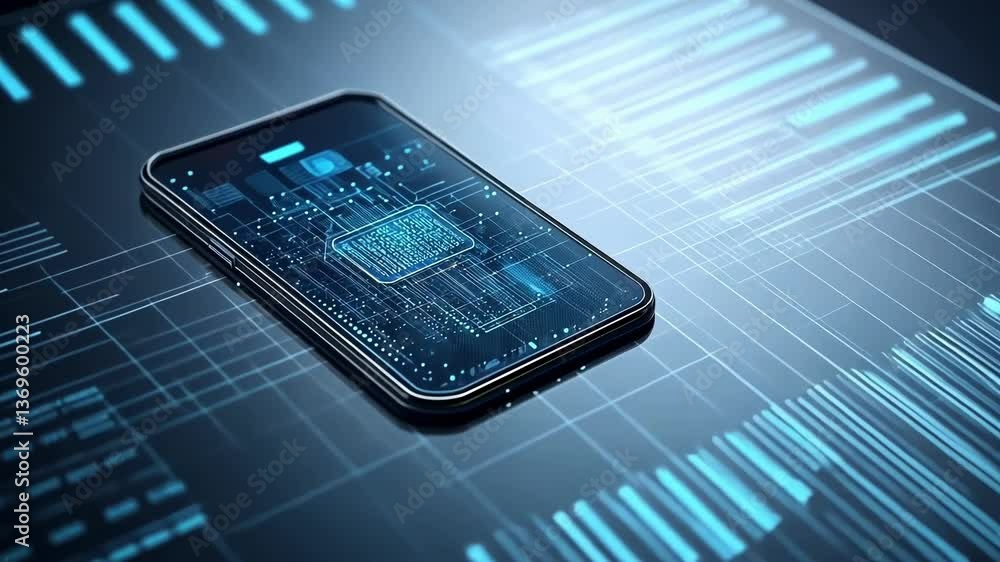 Aufkleber Futuristic cyber security interface with data and code processing displayed on smartphone screen, representing mobile security, data encryption, and network protection in digital age