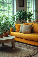 Modern living room with yellow sofa and indoor plants by large windows