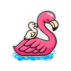 Illustration Flamingo bird swim with his child