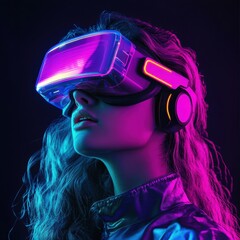 Immersed in the Metaverse: A woman, clad in futuristic attire, is fully immersed in a virtual reality experience. Neon light reflecting on the gear creates a cyberpunk aesthetic.