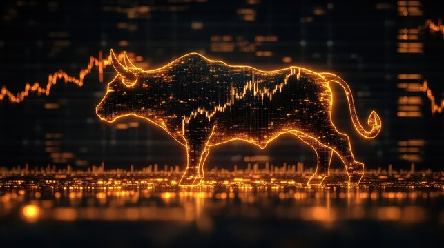 Abstract golden candlestick charts merging into the form of a glowing bull