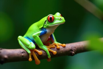 Green tree frog perched on white, vibrant colors , leaping, green frog