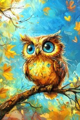 Adorable children's illustration showcasing a friendly owl surrounded by nature.