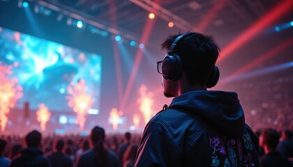 Immersed in the Spectacle A Back View of a Person Wearing Headphones at a Gaming Convention, Focused on the Bright Stage and Thrilling Show