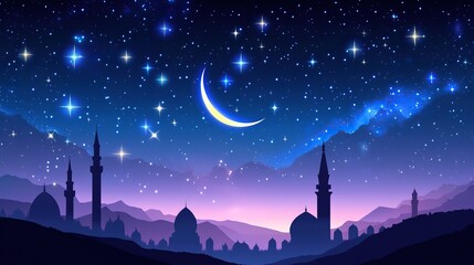 Night Sky, Crescent Moon over Silhouetted Mosques, Mountains.  Ramadan greeting card