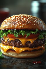 Close-Up of a Delicious Cheeseburger with Fresh Ingredients and Sesame Bun
