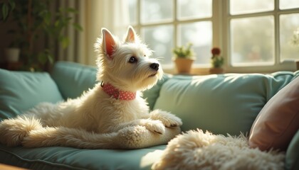 Adorable West Highland White Terrier Relaxing on a Teal Sofa in a Bright, Sunny Room