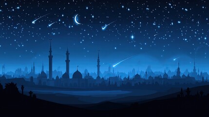 Night Sky, Meteor Shower over City, Crescent Moon, Islamic Architecture, Travel Poster