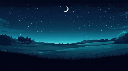 Night Sky over Rolling Hills, Starry Landscape, Crescent Moon, Peaceful Scene, Website Background