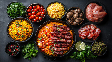a flat lay composition of paella ingredients arranged around a central pan, suggesting the preparation of the dish.