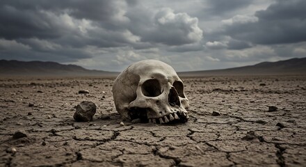 Lonely skull rests in cracked desert earth under brooding sky. AI Generated